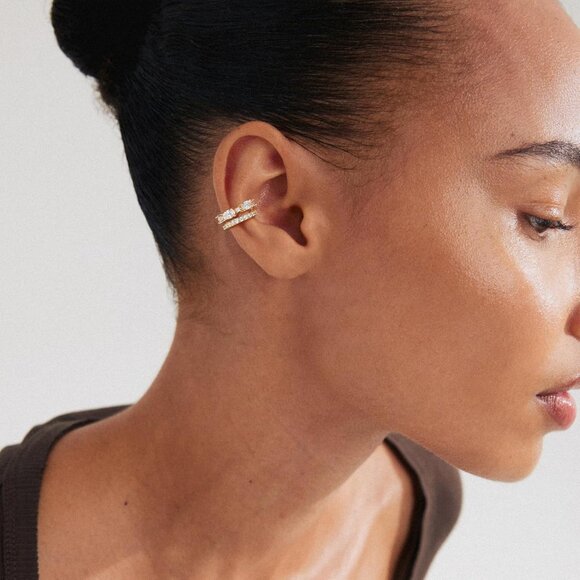 14K Gold Plated White Zircon Diamond Turquoise Cuffs Non Piercing Earrings - Picture 3 of 7